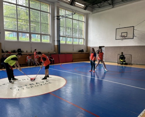 Fotografie zachycují utkání florbalu v rámci hodin tělesné výchovy